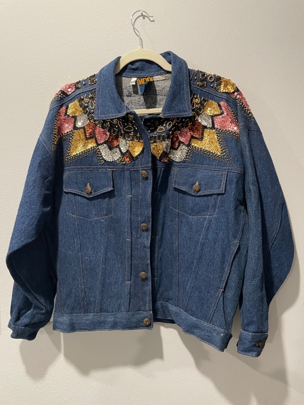 Vintage 90s Denim Embellished Jean Jacket with Multicolor Beaded Sequined Yoke